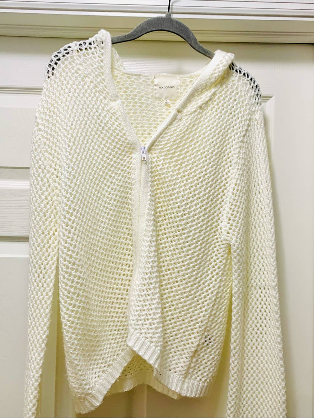 White Open-Knit Zip Hoodie Sweater